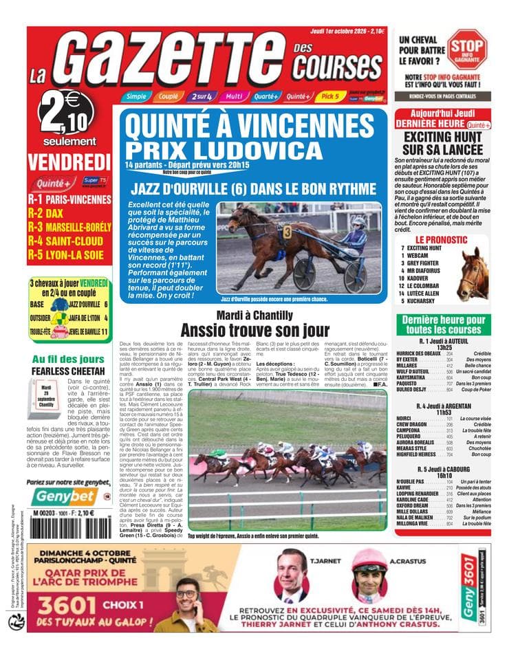 Couverture de l'édition du Jeudi 1 octobre 2026