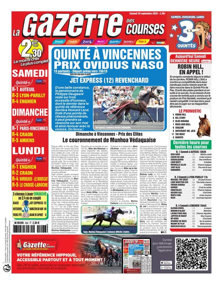 Couverture de l'édition du Samedi 26 septembre 2026
