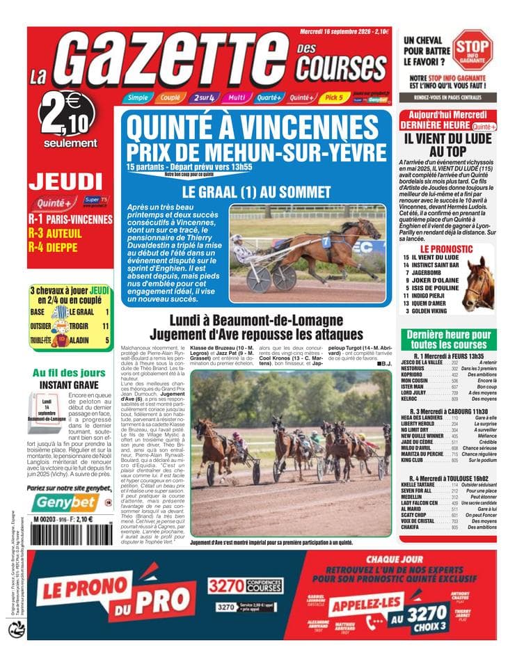 Couverture de l'édition du Mercredi 16 septembre 2026