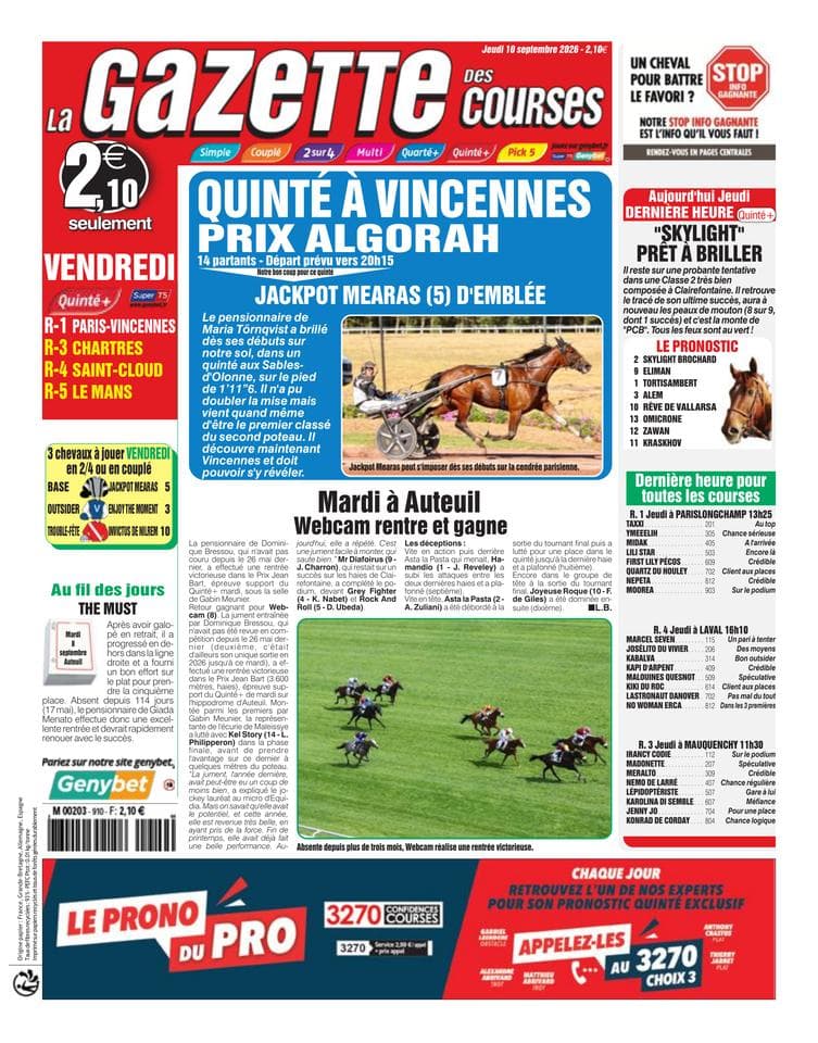 Couverture de l'édition du Jeudi 10 septembre 2026
