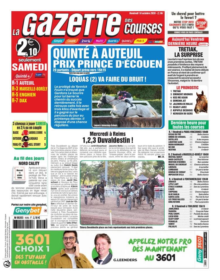Couverture de l'édition du Vendredi 16 octobre 2026